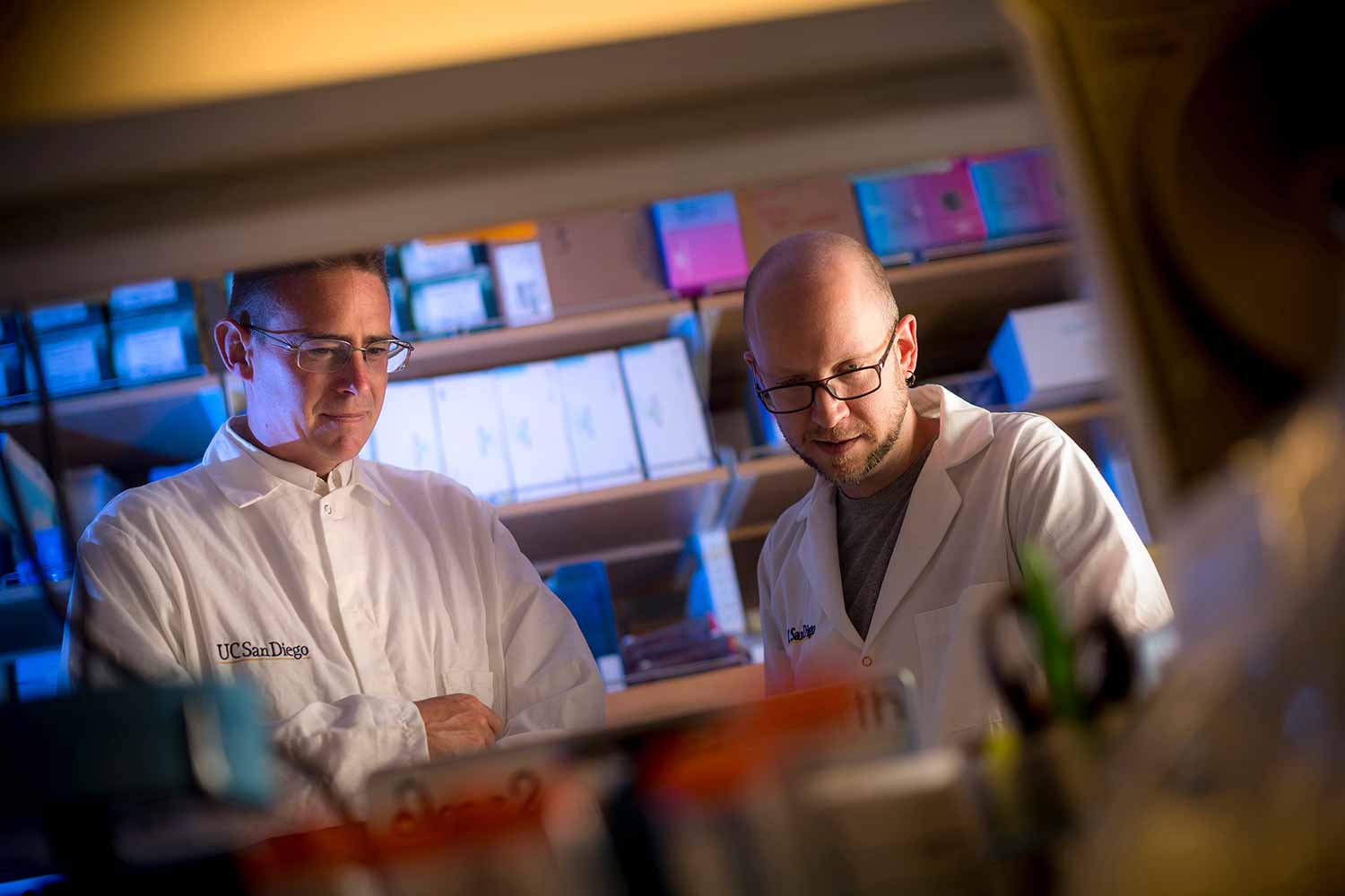 Rob Knight and Daniel McDonald in lab