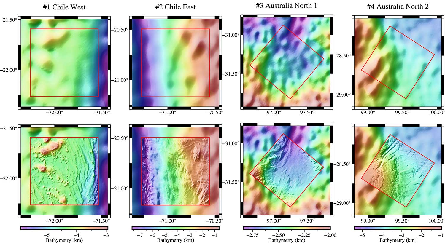 comparison of altimetry-predicted bathymetry model and ship-board multibeam measurements.