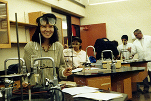 Photo of Ly in one of her high school's chemistry labs in California
