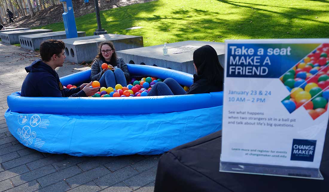 Changemaker Week activity where students were invited to make new friends and share personal insights while in a ball pit.
