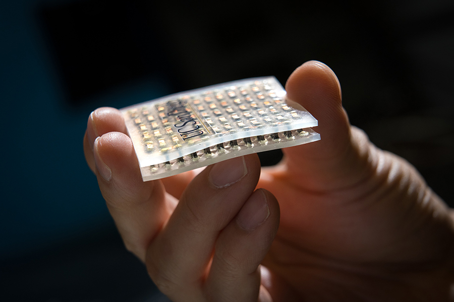 Flexible, stretchable cooling and heating patch. Credit: UCSD.edu