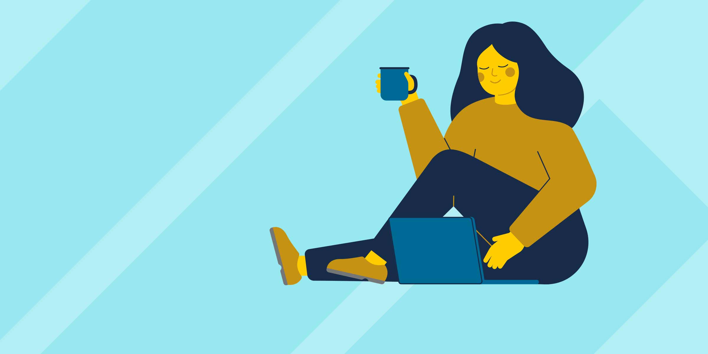 Illustration of content woman with laptop and mug