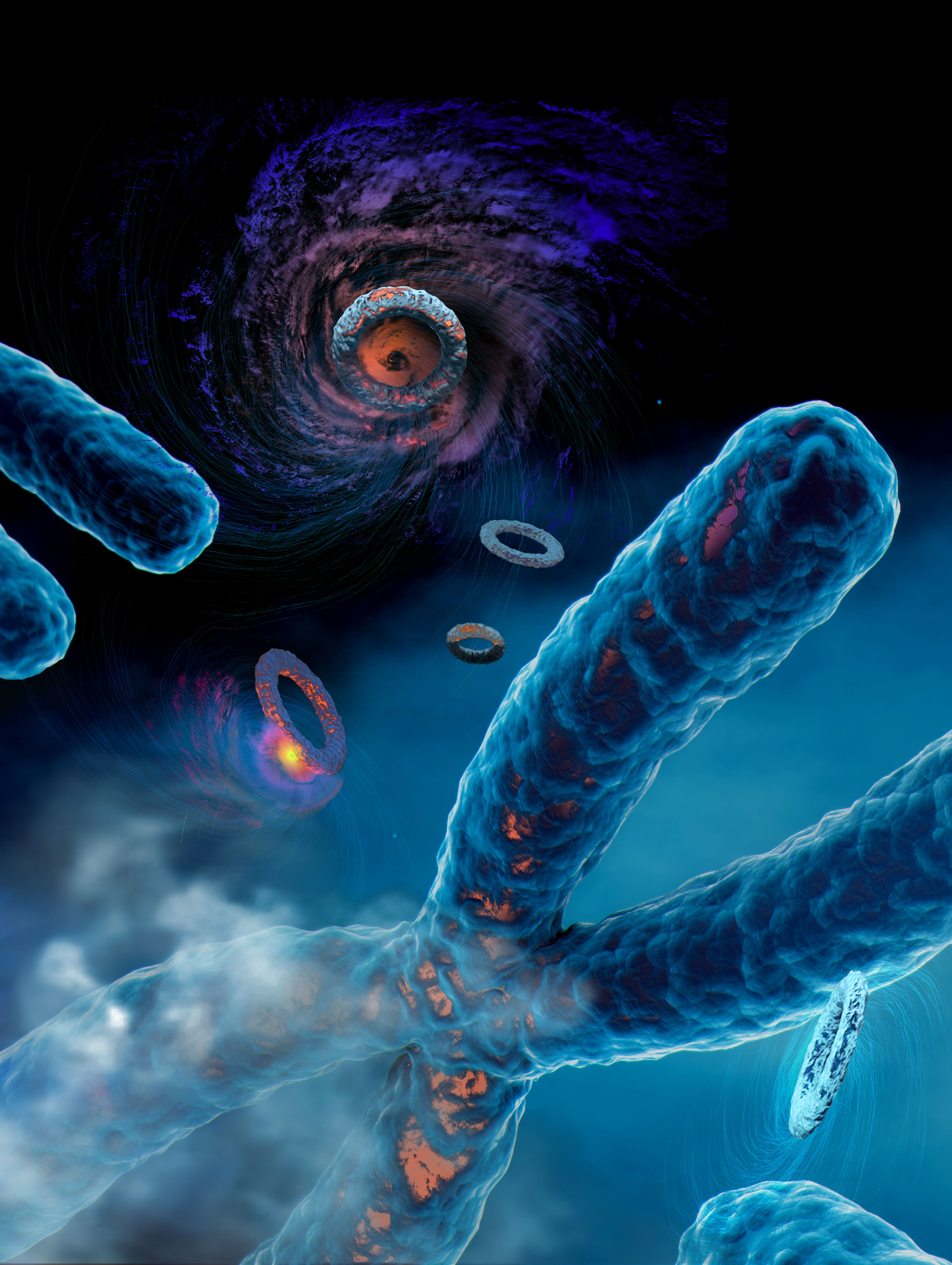 Illustration in blue color of chromosomes and circular DNA rings.