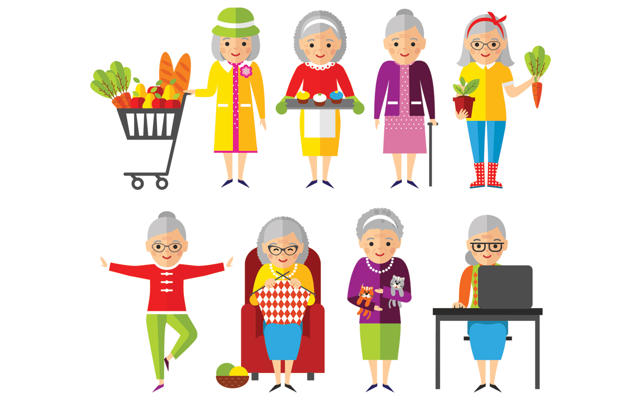Cartoon illustration of senior women in eight active poses from knitting to gardening.