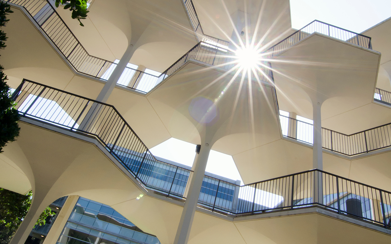 Mayer Hall's iconic breezeway. The American Physical Society recently honored Mayer Hall as an historic site. (cr: Erik Jepsen/UC San Diego)