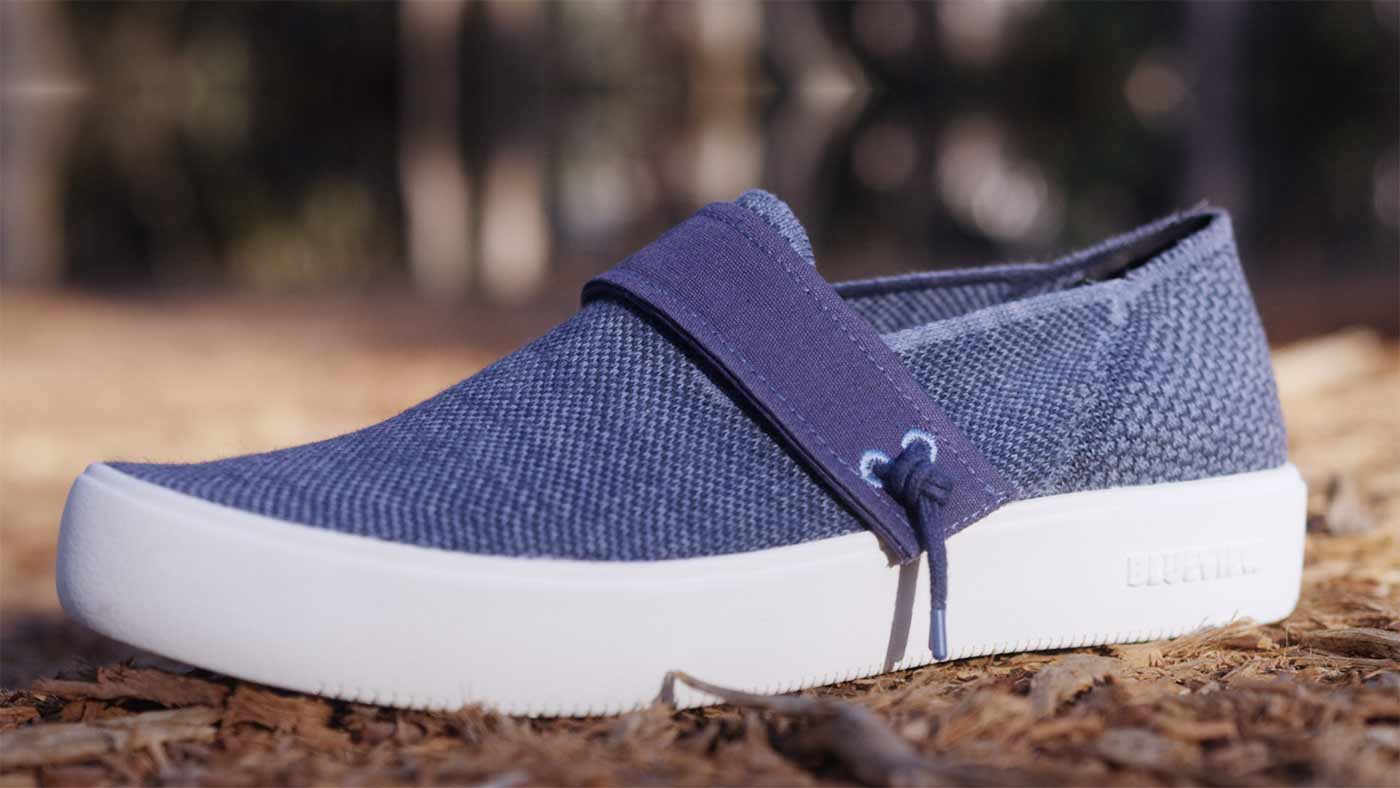One hundred percent biodegradable shoe in blue.