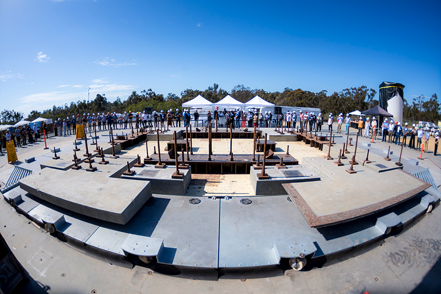 A wide angle view of a countdown to demonstrate the capabilities of the world’s largest outdoor shake table.
