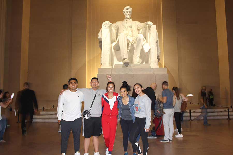 stem students posing for picture at lincoln memorial