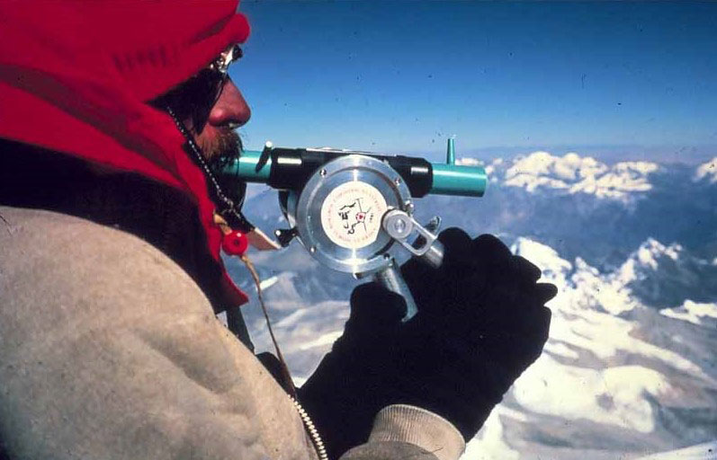 Chris Pizzo takes samples of his alveolar gas at the summit of Mount Everest.