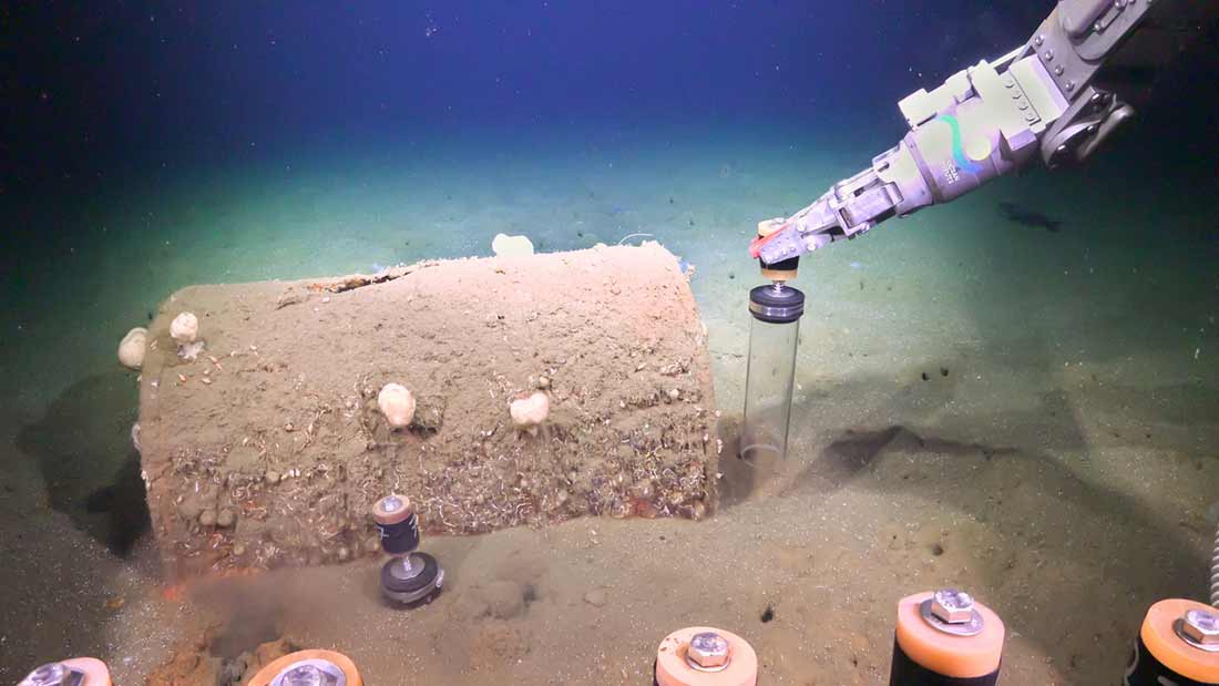 Remotely Operated Vehicle SuBastian collects sediment push cores and record video footage.