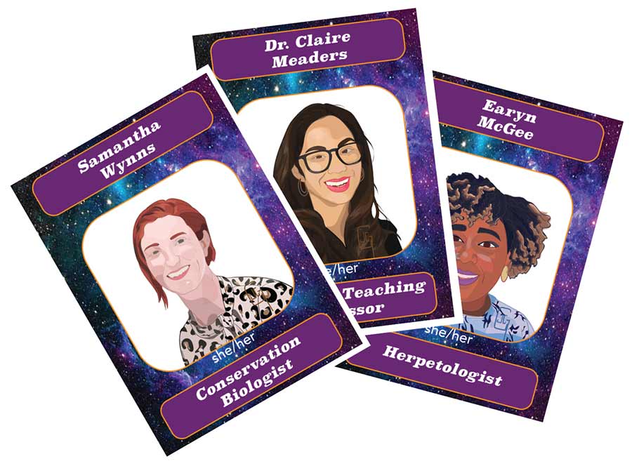 Example of three trading cards of women scientists designed by Dr. Jaye Gardiner.